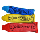 Three plush toy crayons, one blue, one red and one yellow. Pictured on a white background. 