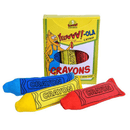 Yellow crayon-style box with cartoon cat pictured on the box with text that says 'Yeowww!-ola catnip' and 'crayons'. Three plush toy crayons lie in front, one blue, one red and one yellow. Pictured on a white background. 
