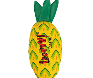 Yellow pineapple shaped cat nip toy with red stitched text 'Yeowww! Catnip' in the middle and a green leaf detail at the top, on a white background. 