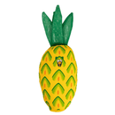 Back view of yellow pineapple shaped cat nip toy with a cartoon cat pictured in the fabric as part of the pineapple and a green leaf detail at the top, on a white background. 