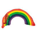 Rainbow shaped cat toy in rainbow colours with red stitch detail text on one side saying 'Yeowww! Catnip' pictured on a white background. 