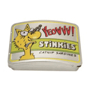 Tin with a picture of a cartoon cat with a peg on it's nose, text saying 'Yeowww!', 'Stinkies' and 'Catnip Sardines' pictured on a white background. 