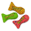Three catnip fish shaped cat toys: one yellow with red spots, one green with yellow stripes and one red with blue stars pictured on a white background. 