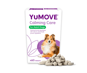 YUMOVE Calming Care for adult dogs packaging with a dog illustration on a white background
