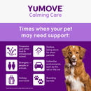 YUMOVE Calming Care advertisement with a dog and list of situations requiring pet support on a purple background.