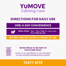 YUMOVE Calming Care directions for daily use on a purple and orange background