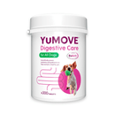 White background with a bottle of YuMove Digestive care for All Dogs . On the packet is a Beagle jumping out of a pink circle. Additional text on the bottle reads 'Scientifically proven probiotics and prebiotics to help maintain a healthy gut.'