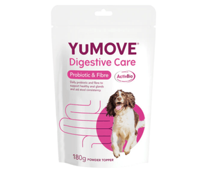 White background with a white packet with pink text of YuMove Digestive Care Probiotic & Fibre for dogs. Additional text on pack reads 'Daily probiotic and fibre to support healthy anal glands and aid stool consistency.'