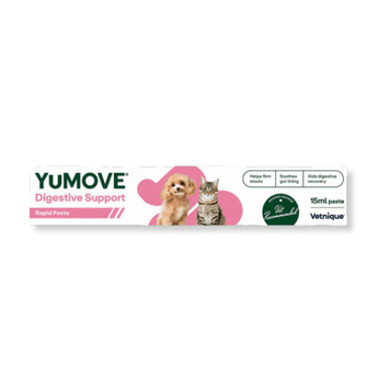 Vetnique YUMOVE Digestive Support Rapid Paste tube packaging, featuring a white and pink design with illustrations of a dog and a cat.