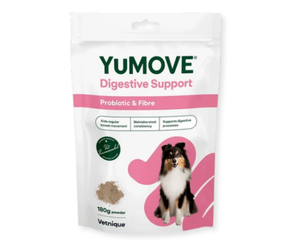 A white stand-up pouch of YuMOVE Digestive Support probiotic and fibre powder for pets, featuring green and pink branding, a small dog illustration, and a photo of a Sheltie dog on the front.