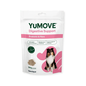 A white stand-up pouch of YuMOVE Digestive Support probiotic and fibre powder for pets, featuring green and pink branding, a small dog illustration, and a photo of a Sheltie dog on the front.