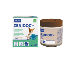 Zenidog product packaging including a jar and box on a white background