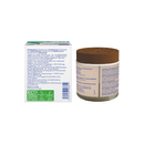 Cosmetic jar with brown lid and beige body on a white background