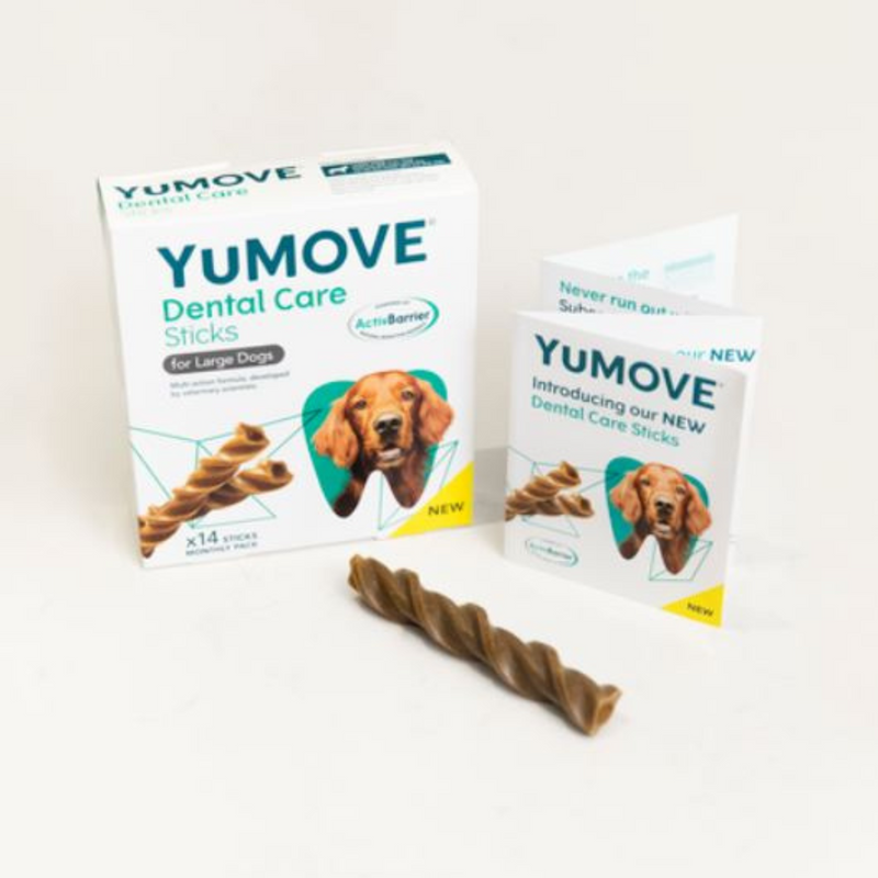 YuMove dental care for dogs packaging and dental stick out of the packet