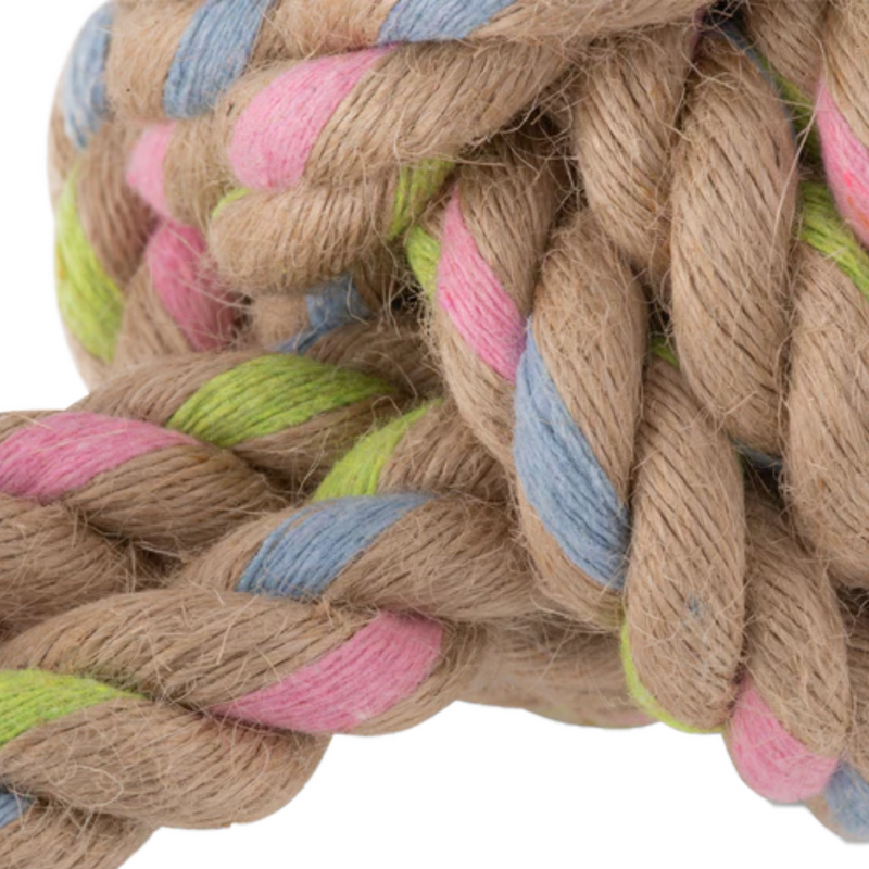 Zoomed in image of a hemp rope ball with handle