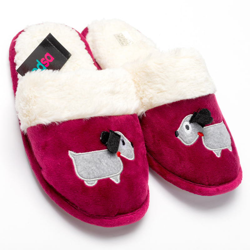 Womens red PDSA slippers with dog and PDSA tag